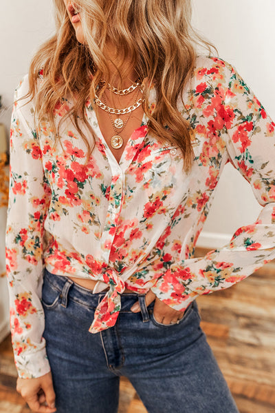 Vibrant Floral Print Chest Pocket Shirt-Tops-MomFashion