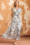 White Abstract Vein Print V Neck Ruffle Maxi Dress-Dresses-MomFashion