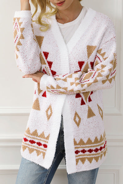 White Aztec Pattern Open Knitted Cardigan-Tops-MomFashion