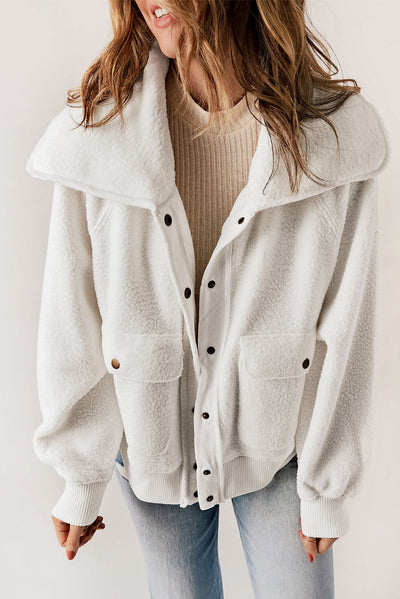 White Button Flap Pocket Spread Collar Fleece Jacket-Outerwear-MomFashion