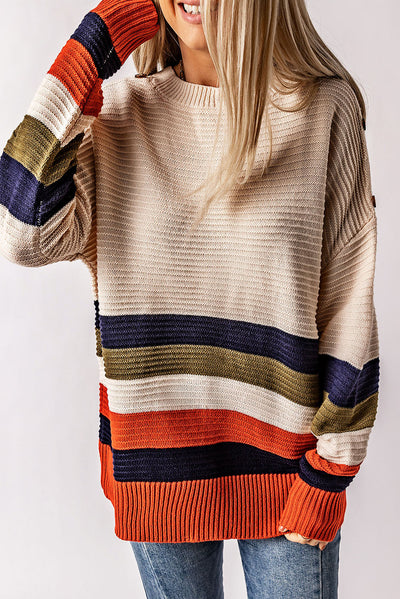 White Buttoned Shoulder Drop Shoulder Striped Sweater-Tops-MomFashion