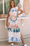 White Cap Sleeve Tie Dye Long Slit Dress-Dresses-MomFashion