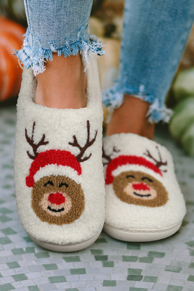 White Christmas Deer Home Indoor Plush Slippers-Shoes & Bags-MomFashion