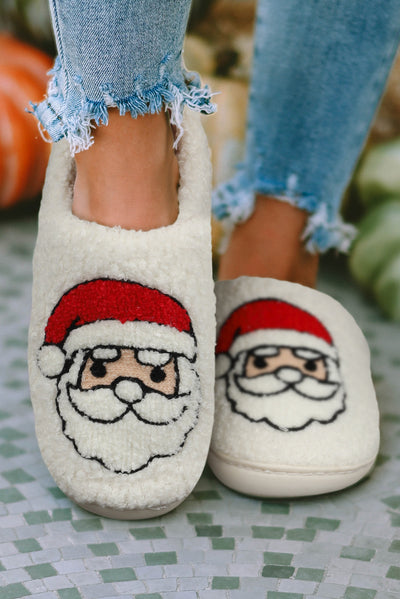 White Christmas Santa Clause Graphic Plush Slippers-Shoes & Bags-MomFashion