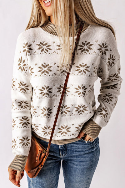 White Christmas Snowflake High Neck Knit Sweater-Tops-MomFashion