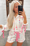 White Christmas Wine Glass Print Bow Knot Two Piece Pajama Set-Loungewear & Sleepwear/Sleepwear-MomFashion