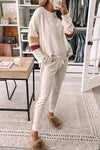 White Color Block Sleeve Contrast Trim Sideseam Lounge Set-Loungewear-MomFashion