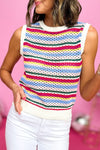 White Colorful Stripe Scalloped Trim Sweater Vest-Tops-MomFashion