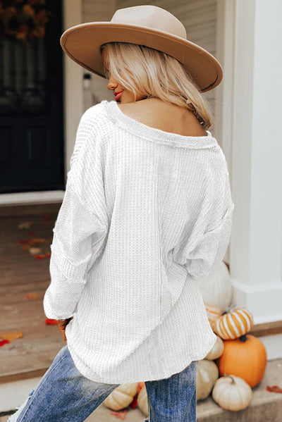 White Contrast Patched Exposed Seam Waffle Knit Henley Top-Tops-MomFashion