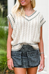 White Contrast Trim V Neck Cable Knit Sweater Vest-Tops-MomFashion