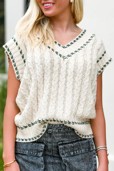 White Contrast Trim V Neck Cable Knit Sweater Vest-Tops-MomFashion