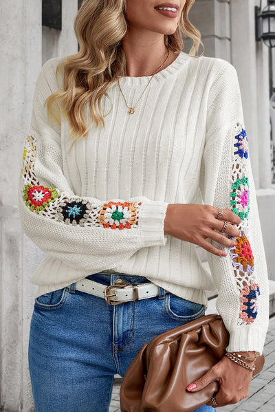 White Floral Crochet Sleeve Ribbed Knit Sweater-Tops-MomFashion