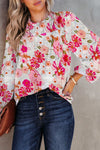 White Floral Frilled Neckline Puff Sleeve Blouse-Tops-MomFashion