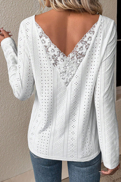 White Floral Lace Splicing Eyelet Long Sleeve Top-Tops-MomFashion