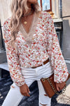 White Floral Long Sleeve Lace V-Neck Blouse-Tops-MomFashion