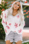 White Floral Print Lightweight Knit Hooded Sweater-Tops-MomFashion