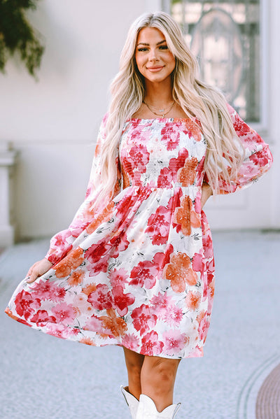 White Floral Print Smocked Puff Sleeve Mini Dress-Dresses-MomFashion