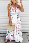 White Floral Twist Cutout Adjustable Straps Maxi Dress-Dresses-MomFashion