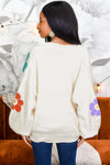 White Flower Jacquared Bubble Sleeve Open Cardigan-Tops-MomFashion