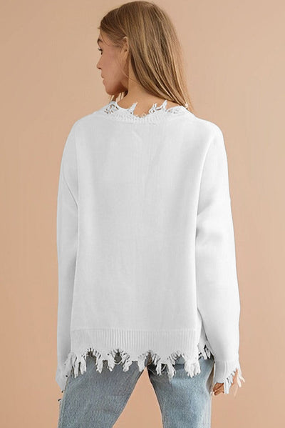 White Frayed Sequin Tiger Sweater-Tops-MomFashion