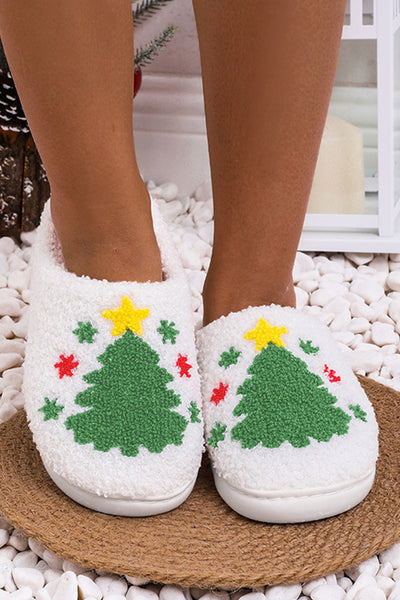 White Fuzzy Christmas Tree Pattern Home Slippers-Shoes & Bags-MomFashion