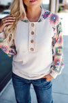 White Geometric Patchwork Raglan Sleeve Henley Hoodie-Tops-MomFashion