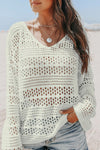 White Hollow Out Crochet V Neck Pullover Sweater-Swimwear-MomFashion