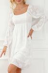 White Jacquard Square Neck Bubble Sleeve Dress-Dresses-MomFashion