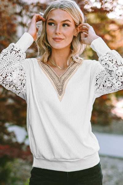 White Lace Splicing V Neck Puff Sleeve Top-Tops-MomFashion