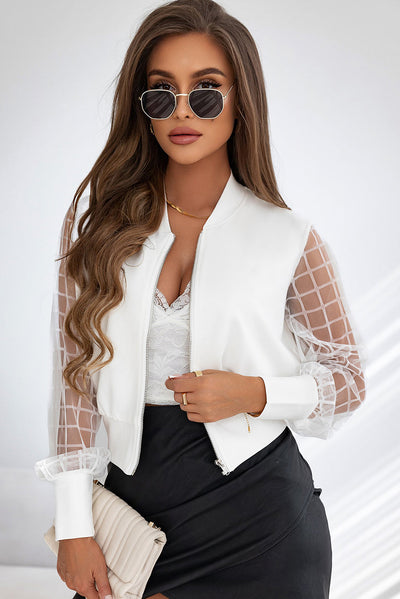 White Latticed Mesh Sleeve Zip Up Bomber Jacket-Outerwear-MomFashion