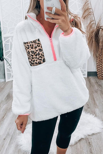 White Leopard Patch Pocket Half Zipped Fleece Sweatshirt-Tops-MomFashion