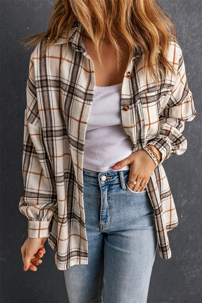 White Oversized Plaid Pattern Shacket with Slits-Outerwear-MomFashion