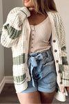 White Plus Size Color Block Cable Knit Buttoned Cardigan-Plus Size-MomFashion