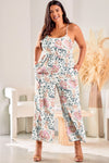 White Plus Size Floral Print Sleeveless Wide Leg Jumpsuit-Plus Size-MomFashion