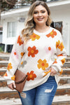 White Plus Size Flower Pattern Ribbed Trim Casual Sweater-Plus Size-MomFashion