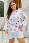 White Plus Size Flower Print Raglan Pullover and Shorts Outfit-Plus Size-MomFashion