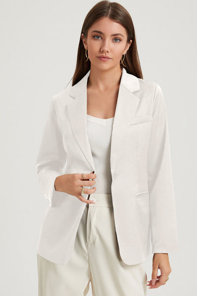 White Pocketed Single Button Lapel Neck Blazer-Outerwear-MomFashion