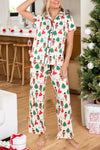 White Printed Christmas Pattern Buttoned Two Piece Sleepwear-Loungewear-MomFashion