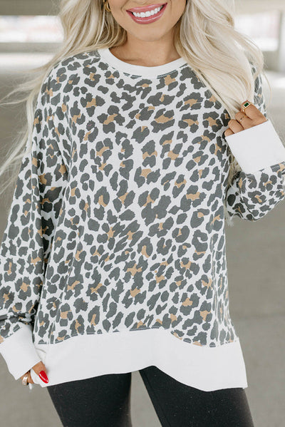 White Printed Solid Trim Leopard Print Top-Tops-MomFashion