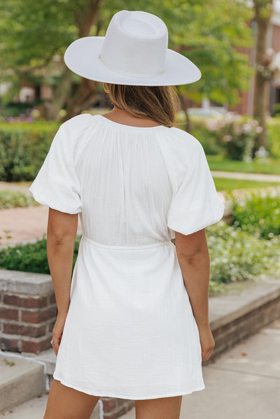 White Puff Sleeve Drawstring Shirt Dress with Pockets-Dresses-MomFashion