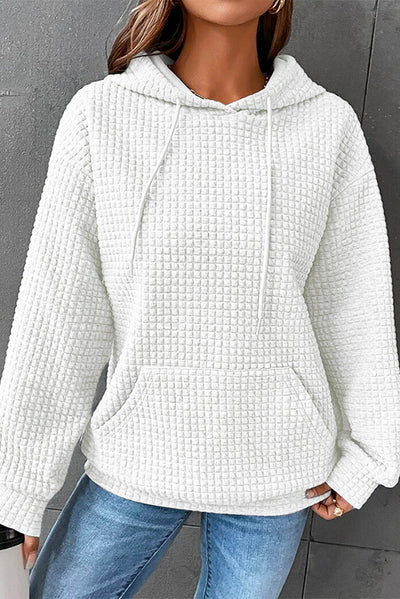 White Quilted Kangaroo Pocket Drawstring Hoodie-Tops-MomFashion