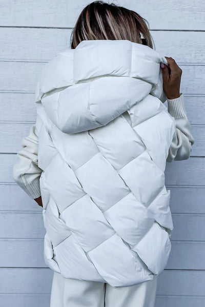 White Quilted Zipper Front Hooded Vest Coat-Outerwear-MomFashion