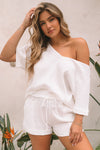 White Relaxed V Neck Blouse and Drawstring Raw Hem Shorts Set-Loungewear-MomFashion