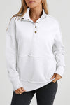 White Ribbed Hem Snap Button Neckline Sweatshirt with Pocket-Tops-MomFashion