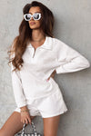White Ribbed Zipper Sweatshirt and High Waist Shorts Set-Loungewear-MomFashion
