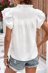 White Ruffle Accent Flutter Sleeve Notch Neck Top-Tops-MomFashion