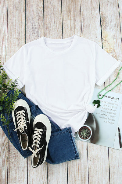 White Solid Color Crew Neck Tee-Tops-MomFashion