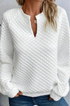 White Split Neck Quilted Long Sleeve Top-Tops-MomFashion