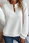 White Split Neck Quilted Long Sleeve Top-Tops-MomFashion