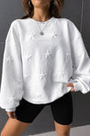 White Star Embossed Textured Drop Shoulder Sweatshirt-Tops-MomFashion